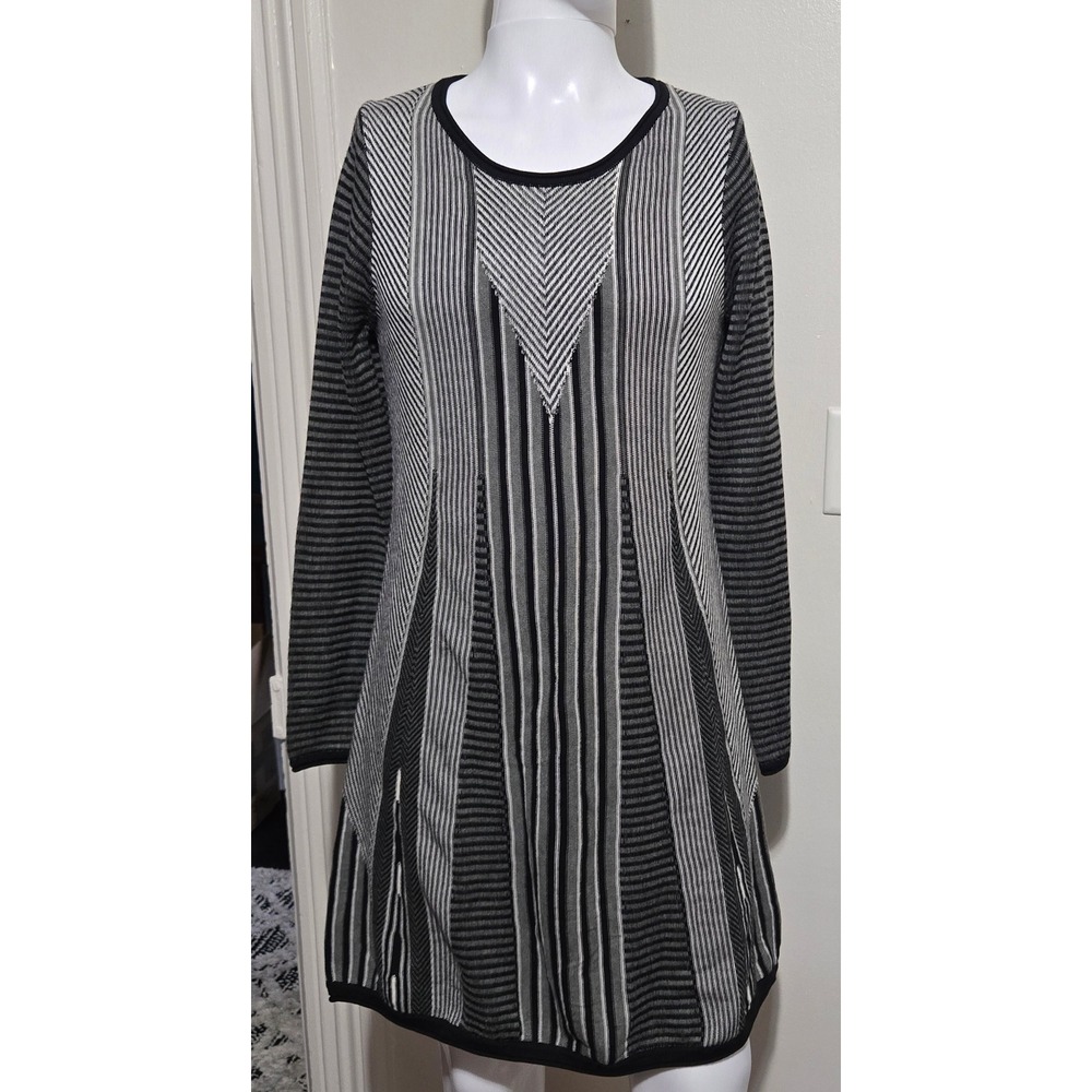 Prana Women Gray Black Striped Organic Cotton Sweater Dress Long Sleeve Large
